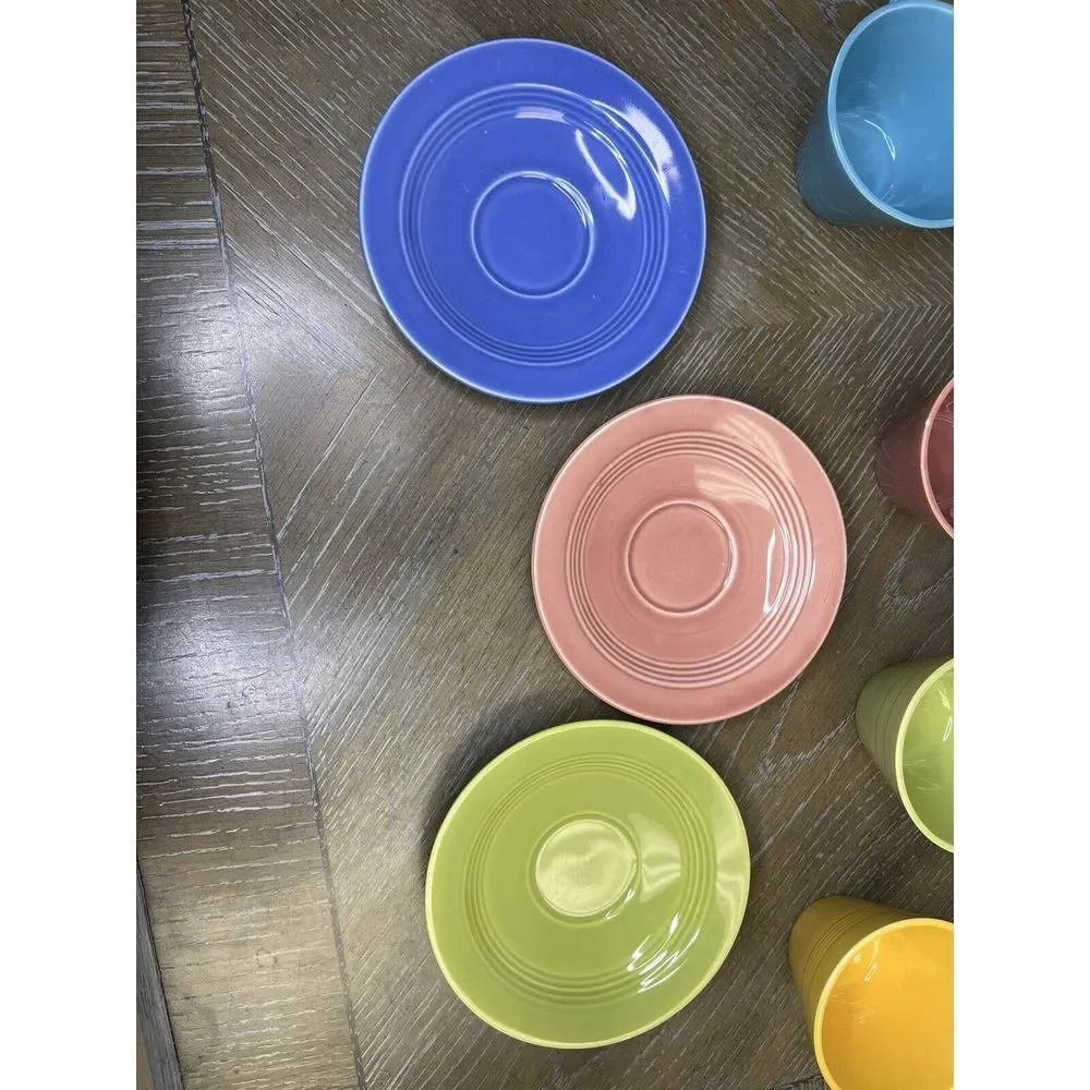 Homer Laughlin China - Harlequin 4 Cups 3‎ Saucers - Chartreuse Yellow Blue Rose
